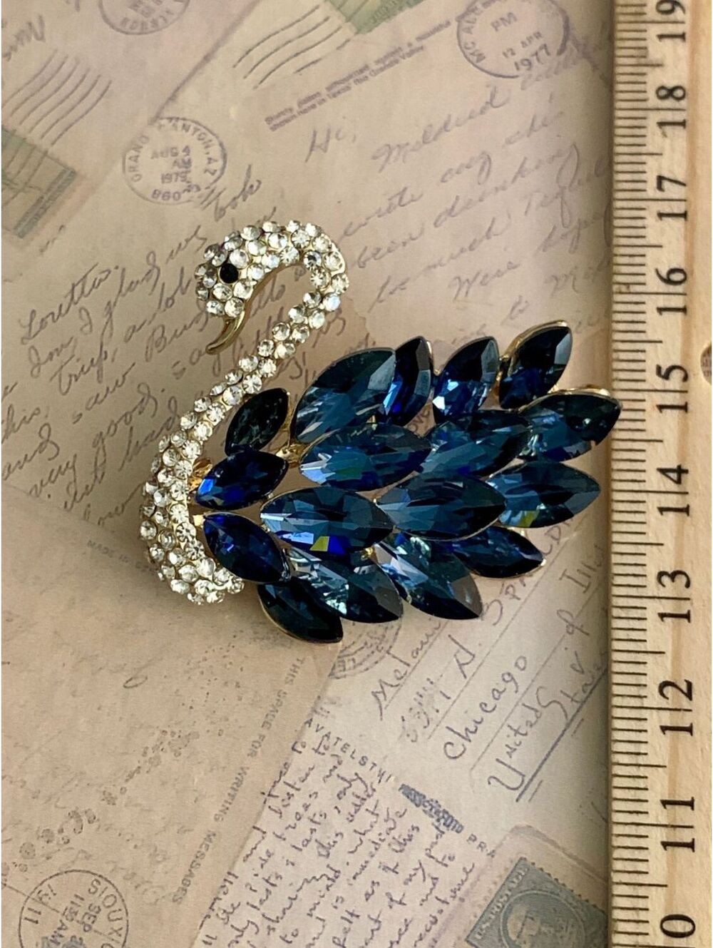 Sparkling Swan Brooch with Blue Crystal Feathers - Glam Accessory - Picture 3 of 4